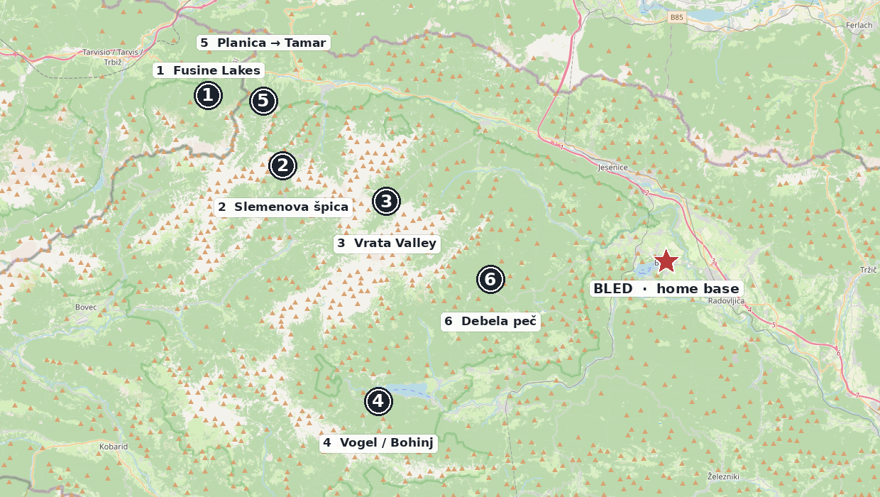 Overview map of the six options